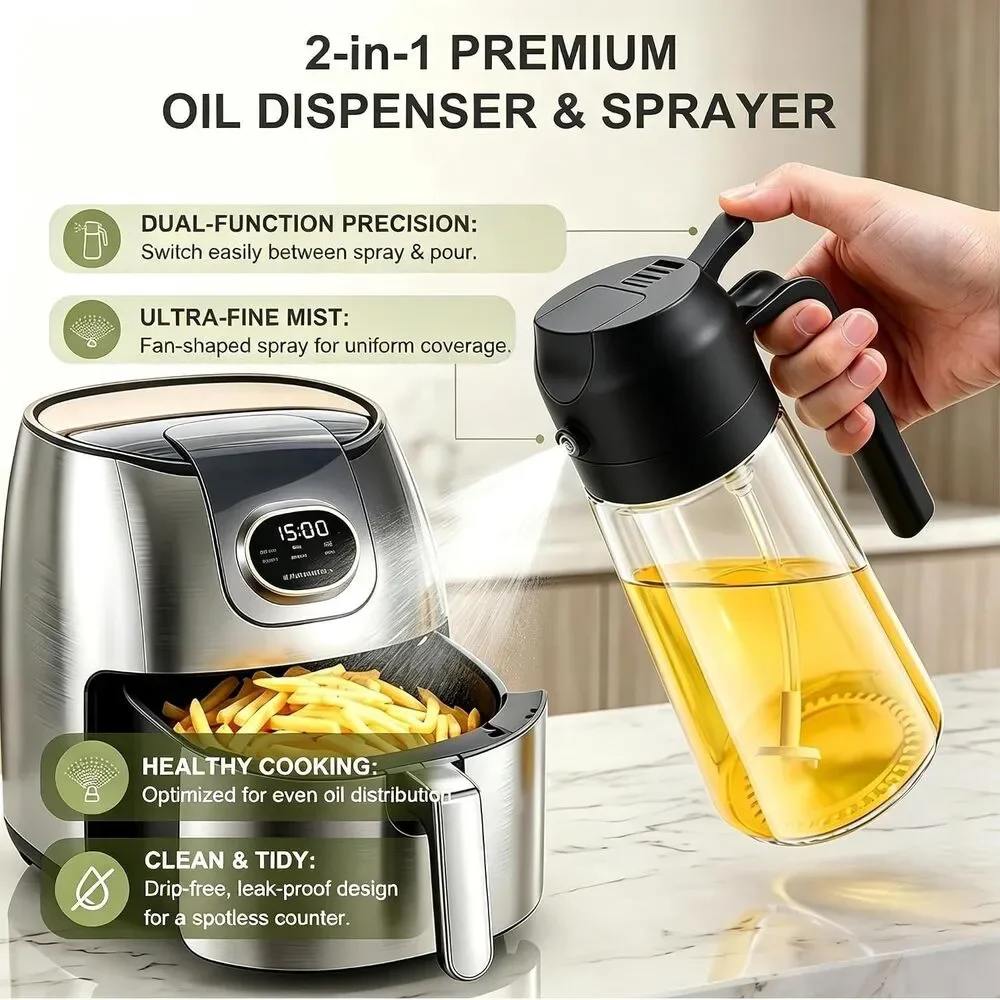 2-in-1 Olive Oil Sprayer Dispenser 16oz 470ml Glass Bottle Refillable BPA-Free
